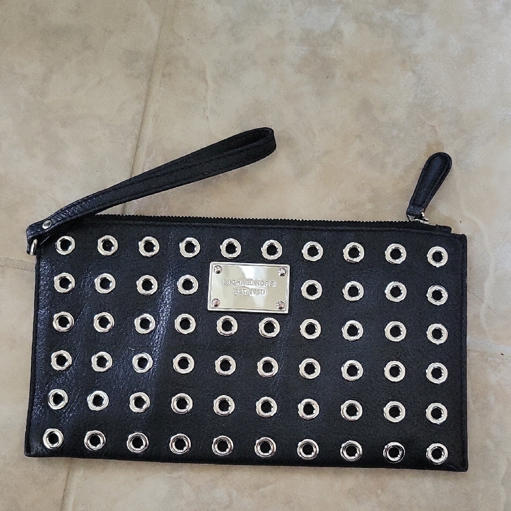 Michael Kors Black Leather Wristlet Clutch with Silver Grommets
